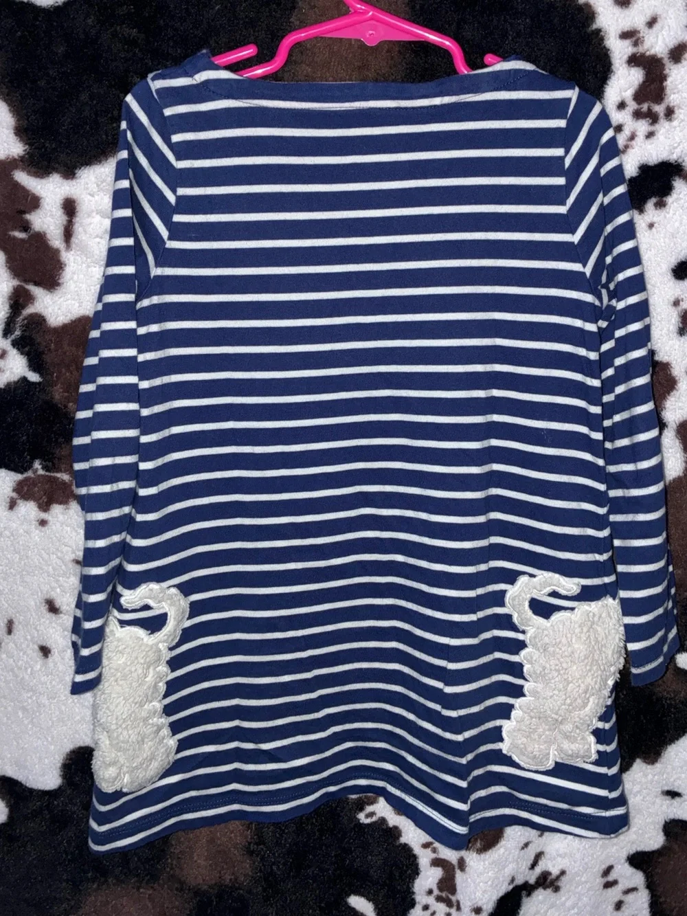 NWOT Mini Boden navy/white stripe dress with 2 fuzzy dogs front/back design 6-7y